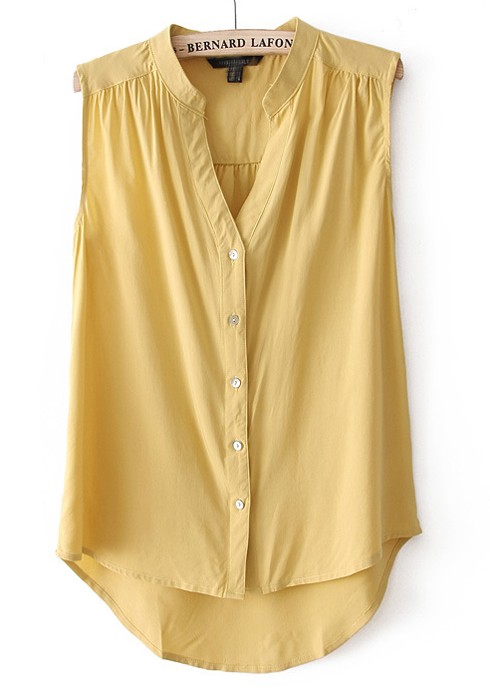 chiffon blouses yellow buttons pleated v-neck sleeveless chiffon blouse DZUQWHX