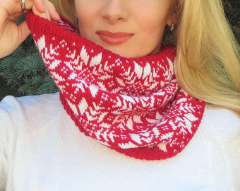christmas scarf knit wool scarf nordic snowflake red scarf neck warmer cowl scarf circle  scarf UBNHIHF
