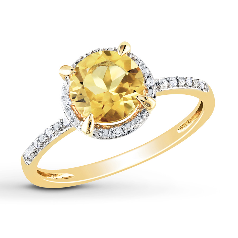 citrine jewelry round citrine ring 1/20 ct tw diamonds 10k yellow gold HIKDGAI