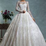 classy ball gown bateau neck long sleeve vintage lace wedding dress QKASGSH