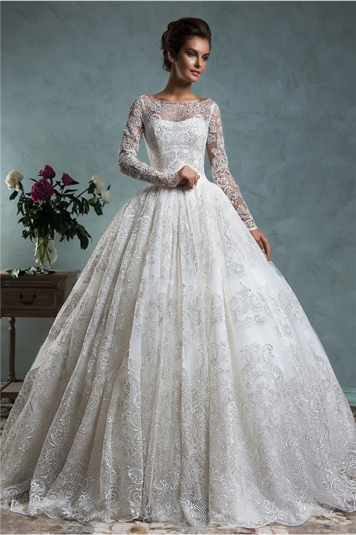 classy ball gown bateau neck long sleeve vintage lace wedding dress QKASGSH