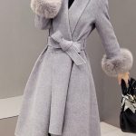 coats for women faux fur collar grey long sleeve pocket coat BGGSHKV