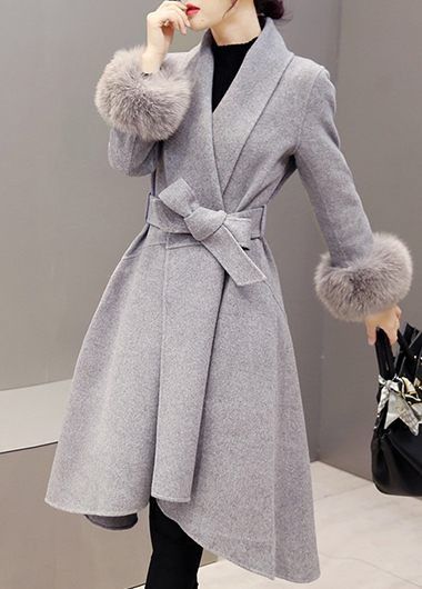 coats for women faux fur collar grey long sleeve pocket coat BGGSHKV