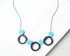 contemporary necklace - geometric, black, modern jewelry, aqua blue  porcelain, ceramic, UWSMEJF