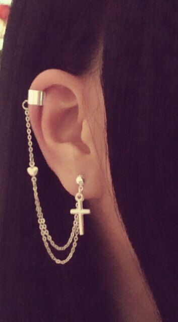 cross and heart charm cartilage chain earrings ISNJSHF