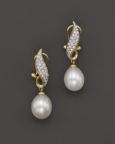 cultured freshwater pearl drop earrings with diamonds in 14k yellow gold, TFLJNTN