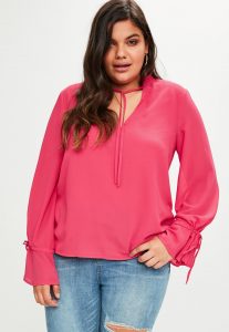 curve pink tie neck blouse DXPZDWN