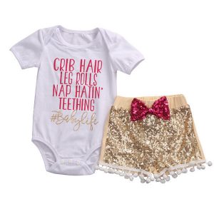 cute baby girl clothes summer newborn baby girl clothes set short sleeve tops romper sequin pants  headband ZPVENXD