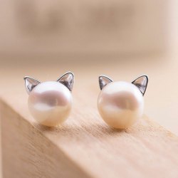 cute earrings artificial pearl kitten stud tiny earrings KARMTUH
