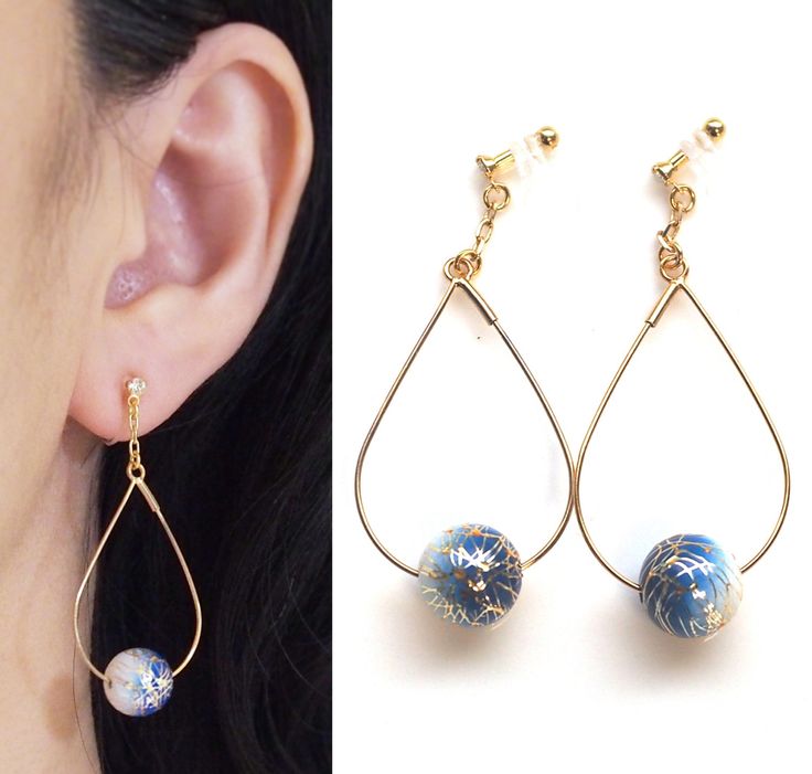 dangle japanese arabesque clip on earrings hoop blue foliage scroll  invisible SAVSEVT