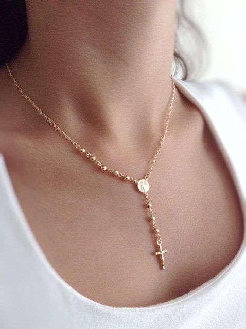 delicate gold rosary necklace cross rosary necklace gold crucifix pendant,  rosary, ZCVUMGZ