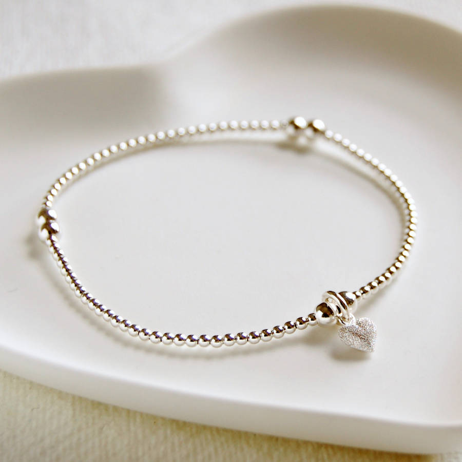 delicate silver bead bracelet with tiny frosted heart HXJRKAJ