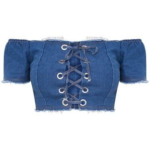 denim crop top dark wash denim corset top ($32) ❤ liked on polyvore featuring tops, blue YQCAKMD