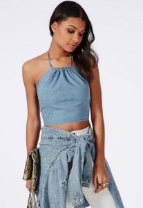 denim crop top denim halterneck crop top VGYUROU