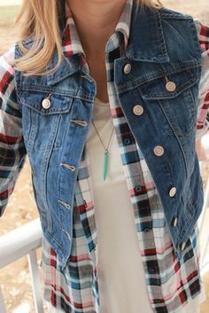 denim vest outfit with plaid top and turquoise necklace! itu0027s the beginning  of PWBWEIG