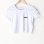 description - size guide details: basic crop tee in white with print  featuring RXCVRGF