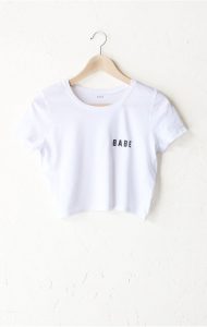 description - size guide details: basic crop tee in white with print  featuring RXCVRGF