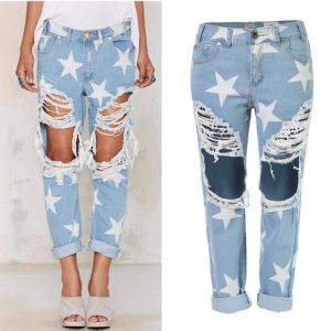 destroyed jeans fashion stars print plus size light blue boyfriend jeans femme baggy hole  ripped XNRYCJX