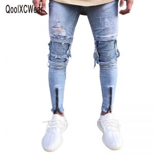 destroyed jeans qoolxcwear brand designer slim fit ripped jeans men hi-street mens  distressed denim joggers LRHKAQT