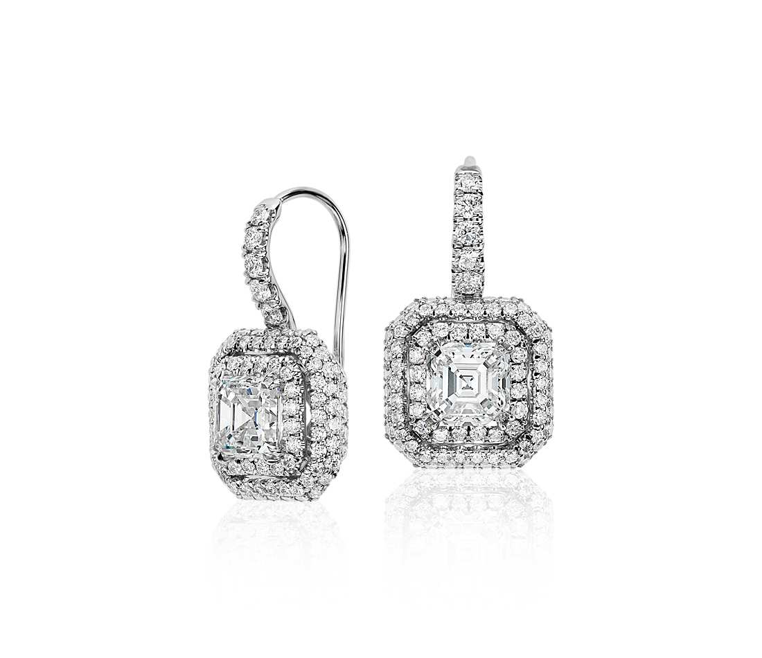 diamond drop earrings asscher-cut diamond double halo drop earrings in 18k white gold (2.69 ct. ZSCFGYE