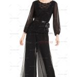 dressy pant suits black three quarter sleeve chiffon mother of the bride pant suits with lace WOQDXGJ