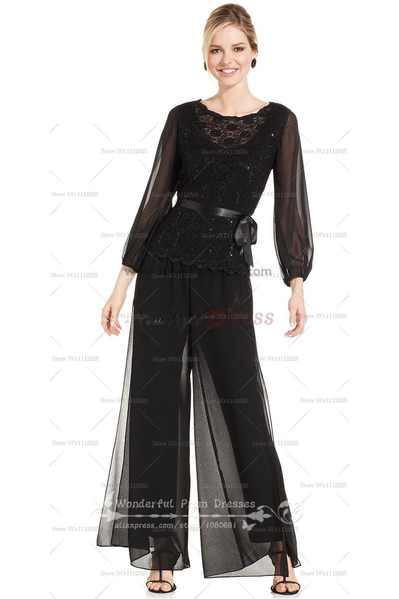 dressy pant suits black three quarter sleeve chiffon mother of the bride pant suits with lace WOQDXGJ