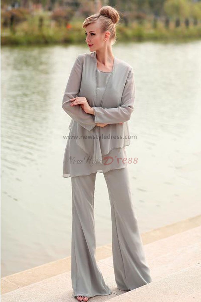 dressy pant suits elegant gray chiffon three piece mother of the bride dresses pants suit  nmo-028 LJMTTWQ