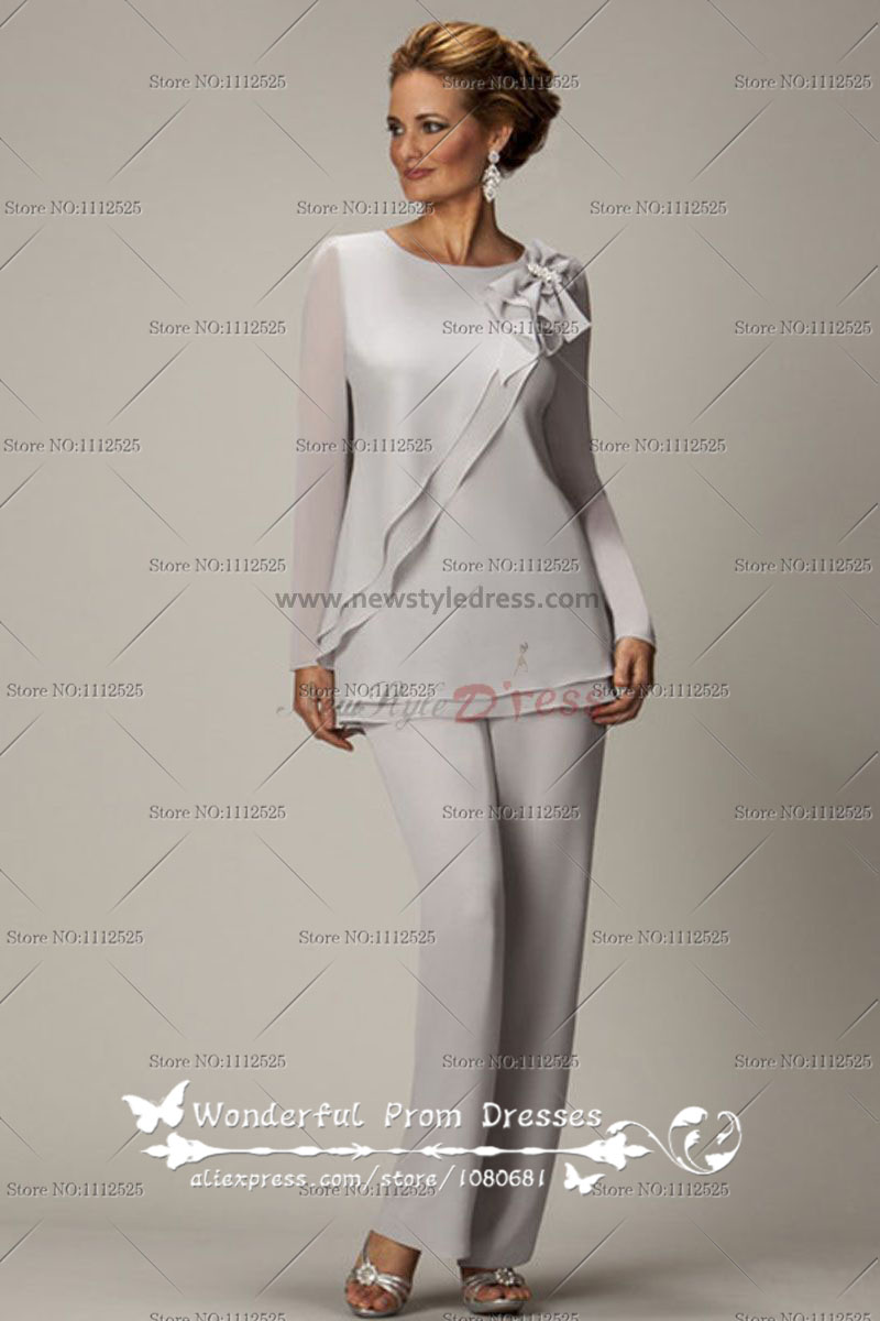dressy pant suits long sleeves light gray two piece chiffon mother of the bride pants suits JKIXSQB