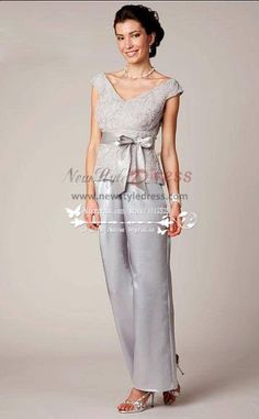 dressy pant suits v-neck mother of the bride pant suit gray satin with lace EUEEOUV