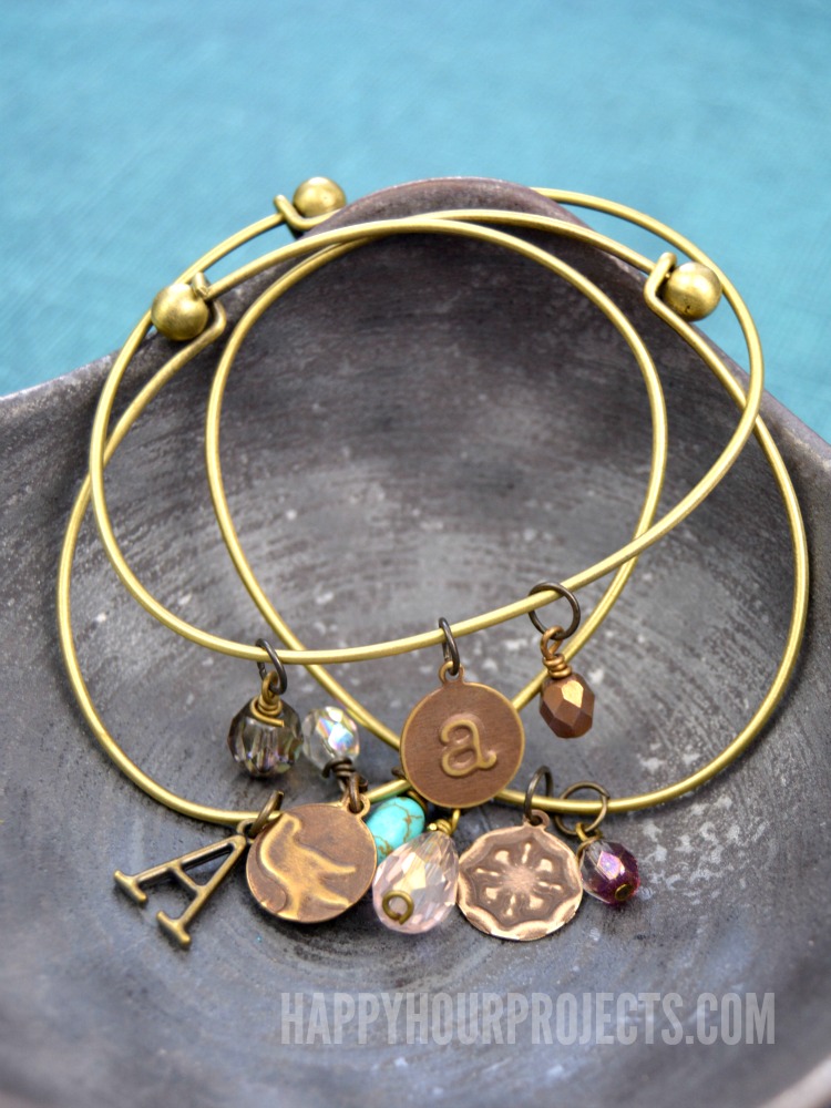 embossed brass diy charm bangle bracelets at www.happyhourprojects.com PROJPDM