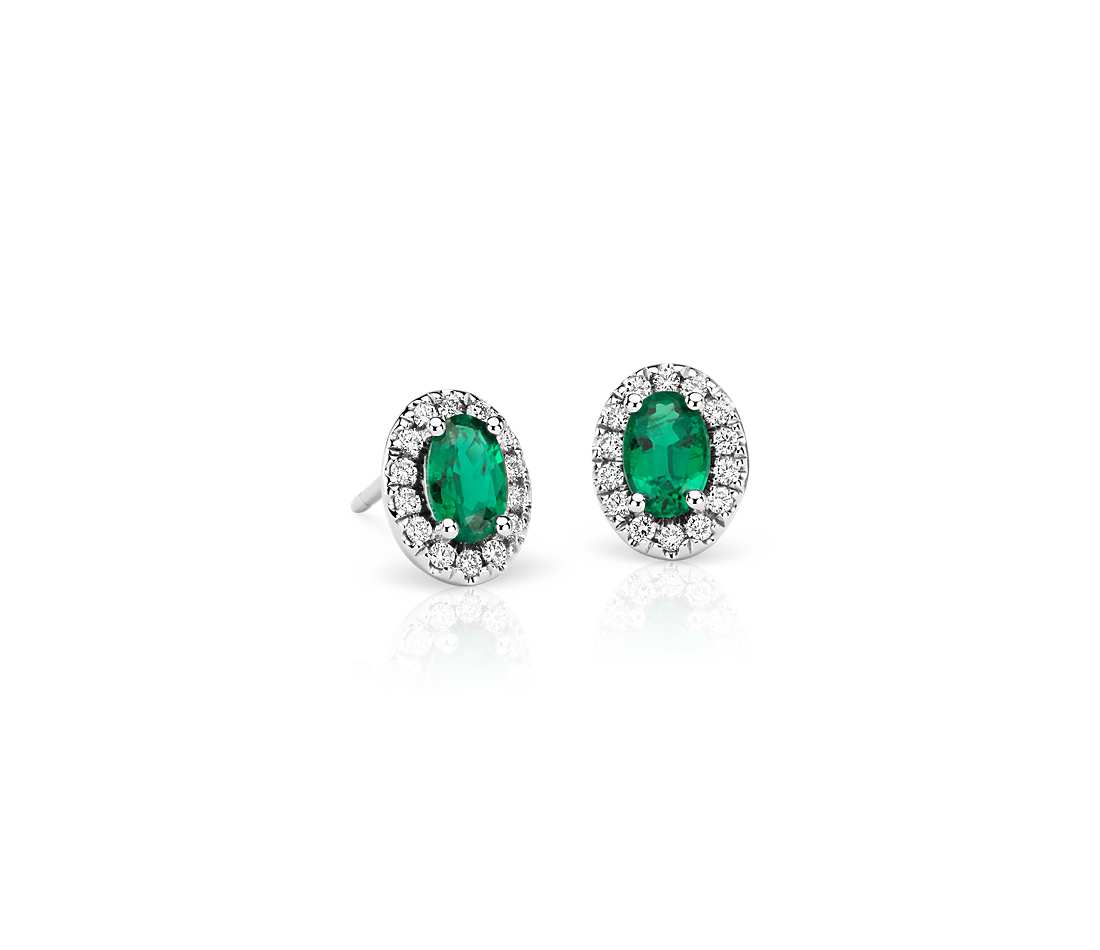 emerald earrings emerald and pavé diamond halo earrings in 18k white gold (6x4 mm) JORFFOR