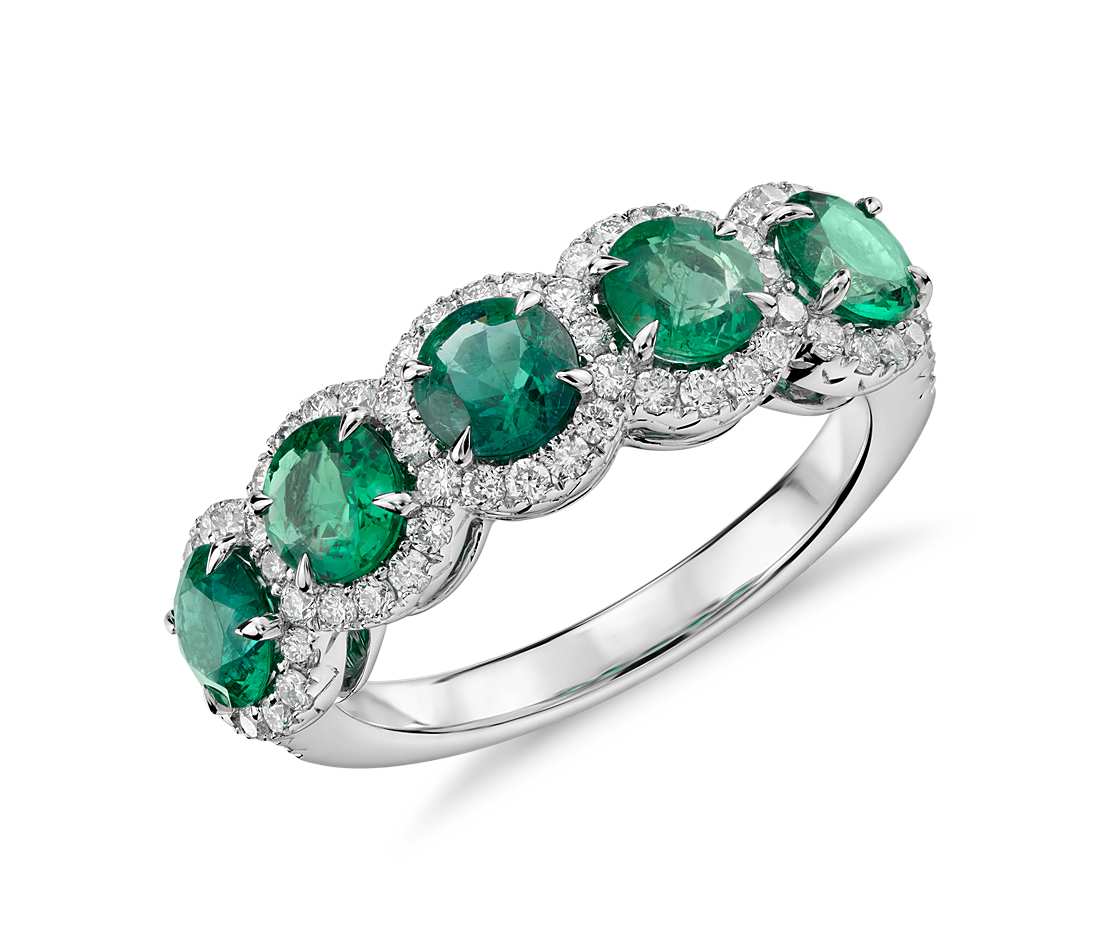 emerald jewelry emerald and diamond five-stone halo ring in 18k white gold (4.5mm) HECFDBF