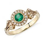 emerald jewelry emerald and diamond halo vintage-inspired milgrain ring in 14k yellow gold OCYDLJV