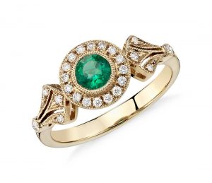 emerald jewelry emerald and diamond halo vintage-inspired milgrain ring in 14k yellow gold OCYDLJV