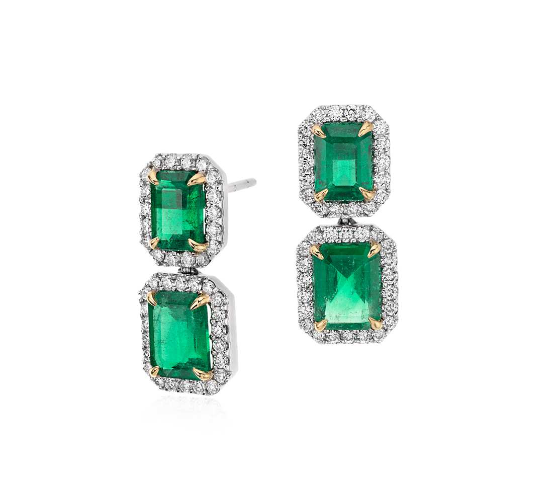 emerald jewelry emerald-cut emerald diamond pavé drop earrings in 18k white gold (4.77 ct. CUWHRFP