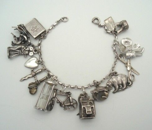 fantastic 1940u0027s loaded sterling silver charm bracelet 14 charms mechanical NNLVCJZ