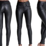 fashion skinny button high waist pencil pants women leather jeans black  trousers full XSZZUDR