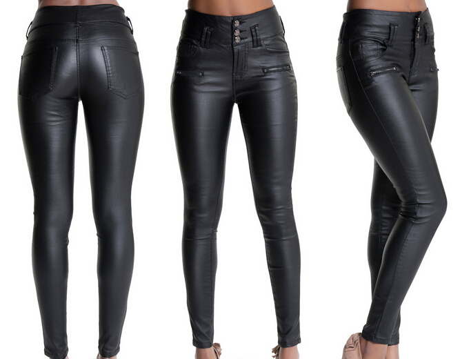 fashion skinny button high waist pencil pants women leather jeans black  trousers full XSZZUDR