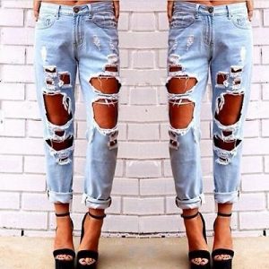 fashion womens destroyed jeans ripped distressed denim pants hole boyfriend  jeans long pencil URGRHBR