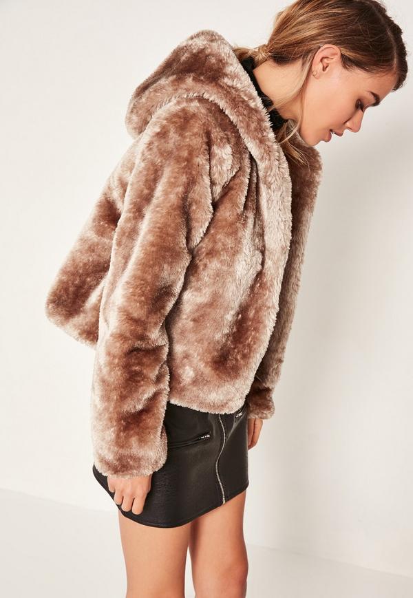 faux fur coats brown hooded short faux fur coat QNLLRLP