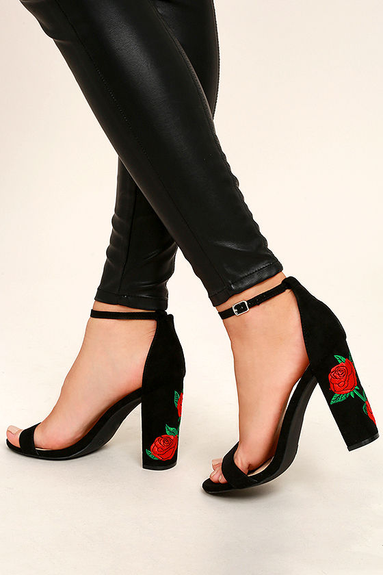 felora black suede embroidered ankle strap heels 1 CUDGZWI