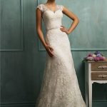 fitted a line cap sleeve illusion back vintage lace wedding dress WQTNZOD