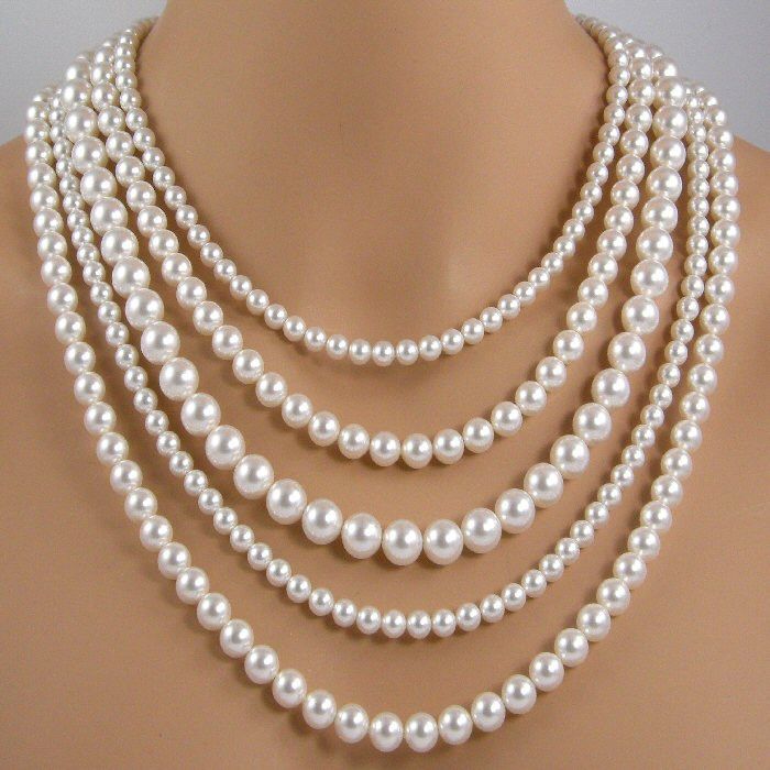 five strand white pearl necklace, multi strand pearl necklace BWOKFTL