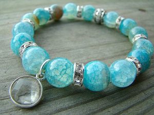 gemstone bracelets blue agate stretch bracelet, gemstone bracelet with crystal quartz charm  pendant IDYPSRV