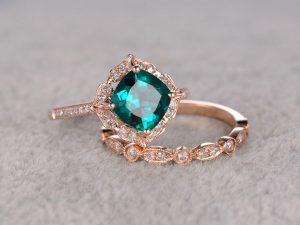 gemstone engagement rings 2pcs emerald engagement ring set rose gold,diamond wedding band,7mm cushion  cut, DSJBAMJ