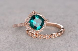 gemstone engagement rings 2pcs emerald engagement ring set rose gold,diamond wedding band,7mm cushion  cut, DSJBAMJ