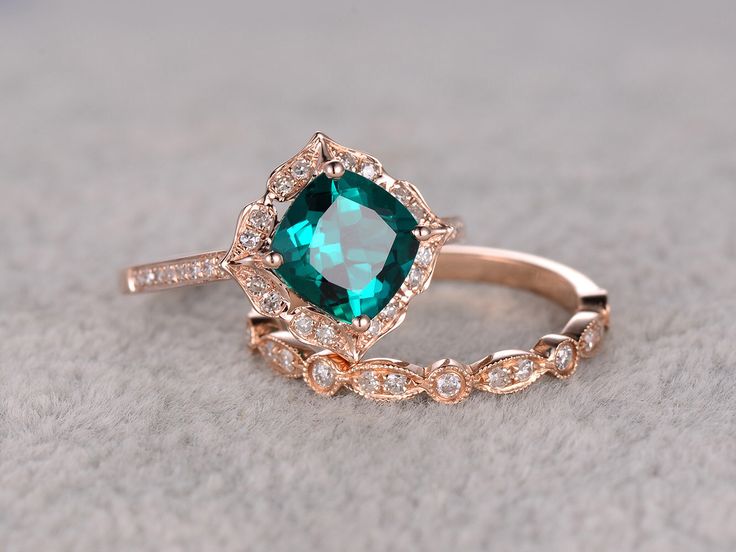 gemstone engagement rings 2pcs emerald engagement ring set rose gold,diamond wedding band,7mm cushion  cut, DSJBAMJ