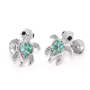 girls earrings amazon.com: 925 sterling silver rhodium plated green turtle cubic zirconia  screwback IFMNNQH