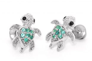 girls earrings amazon.com: 925 sterling silver rhodium plated green turtle cubic zirconia  screwback IFMNNQH