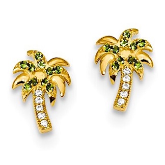 girls earrings palm tree stud earrings with green cz in 14k gold with push TPCQIDW